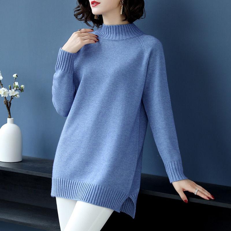 Autumn and Winter Half High Neck Loose Sweater Mid-length Pullover Knit Bottoming Shirt Plus Size Casual Women's Top