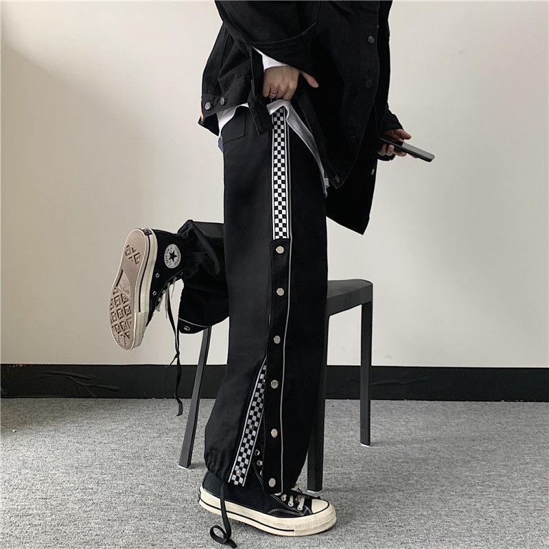 Retro-breasted Slit Reflective Strip Casual Pants Sports Trousers Men's Straight Wide-leg Pants