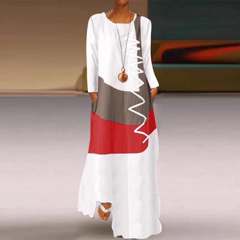 4 Colors Women Fashion O-Neck Long Sleeve Stitching Print Robes Autumn Casual Party Long Dresses