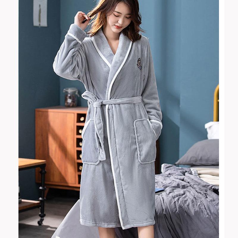 Women's Winter Flannel Pajamas Robe Plus Size Bathrobe Loose Home Wear With Belt Plus Velvet Thick Nightdress Warm Flannel Bathrobe