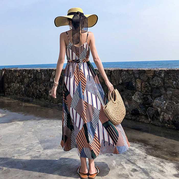 Pofulove Women V-neck Chiffon Dress Printed Sun-dresses Below The Knee Beach Vacation Beach Dress