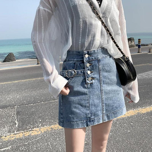 WTEMPO Women's Denim Skirt Summer High Waist A-line Button Zipper Culottes Club Casual Party Street Wear