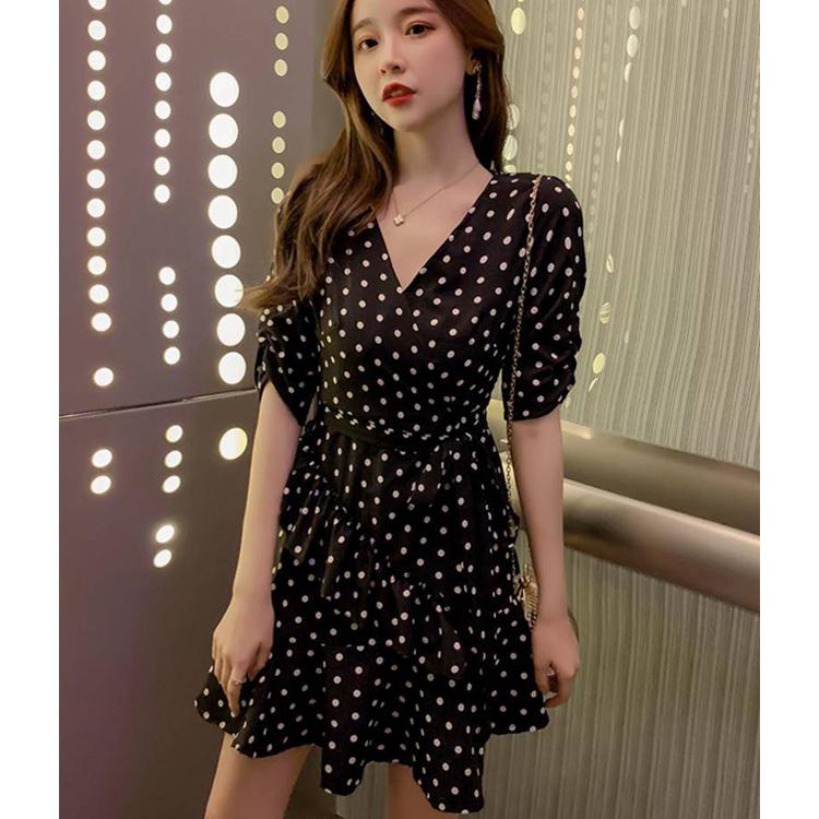 Polka Dot Sexy Party Dresses with Ruffle Women Chiffon Long Sleeve Mini Dress Ladies Vintage Clothes