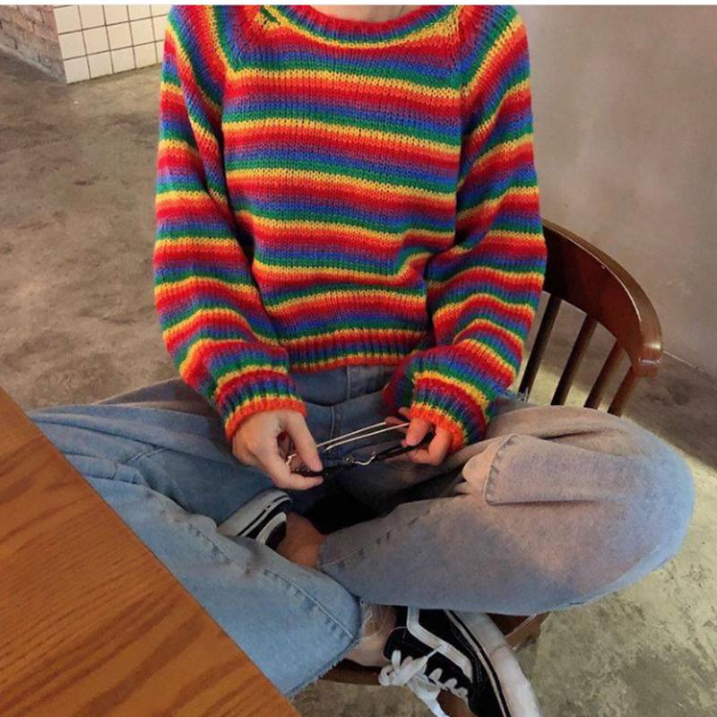 Women's Loose Lazy Student Sweater Women's Pullover Rainbow Striped Short Sweater