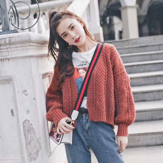 Spring and Autumn Temperament Knitted Sweater Loose Wild Cardigan Shirt Lantern Sleeves Buttonless Female Jacket