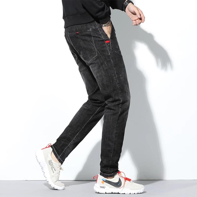 Men's Harlan Jeans Autumn and Winter Streetwear Casual Slim Male Straight Korean Style Loose Feet Long Black Pants Mid-waist Elastic Flexible Trousers