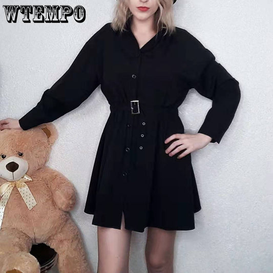 Women Sexy Shirt Dress Slim Single Breasted Long Sleeve Dress OL Style Plus Size Black Dress