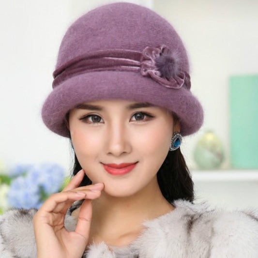 Winter Fashion Hat Ladies Side Flower Decoration Rabbit Fur Knitted Hat Lady Temperament Warm Hat