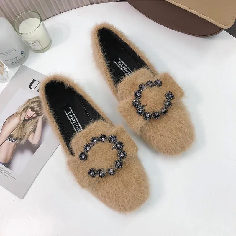 Peas Shoes Women Wild Furry Overshoes Women Casual Flat Single Shoes Furry Shoes Ladies Temperament Moccasin Shoes