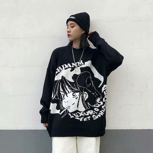 Anime Sweater Streetwear Hip Hop Harajuku Knitted Sweaters Women Oversized Loose O Neck Long Sleeve Black White Pullovers Japanese Fall Winter Sweater