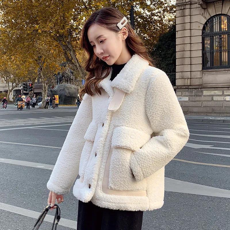 Faux Lamb Wool Coat Women Autumn and Winter All-match Thick Fur Wool One Lamb Wool Ladies Stand-up Collar Warm Loose Jacket