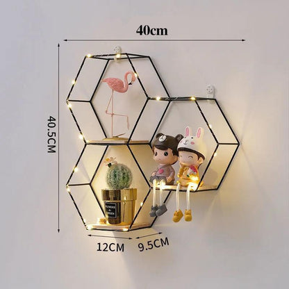 Hexagon Art Storage Shelf Metal Decorative Rack Wall Mount Display Platform with Light Strip