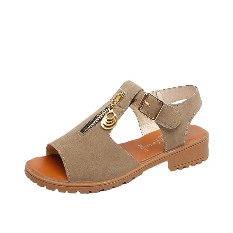 Women's Flat Sandals Summer One Word Buckle Shoes Zipper Stitching Flat Heels Simple Korean All-match Casual Sandals Soft Sole Comfortable Sandal