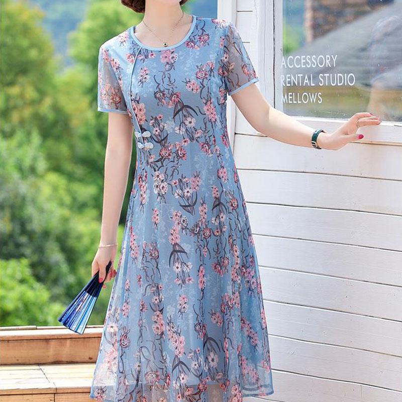 Mom Summer Dress Middle-aged and Elderly Women's Noble Mid-length Chiffon Over The Knee Summer Dress