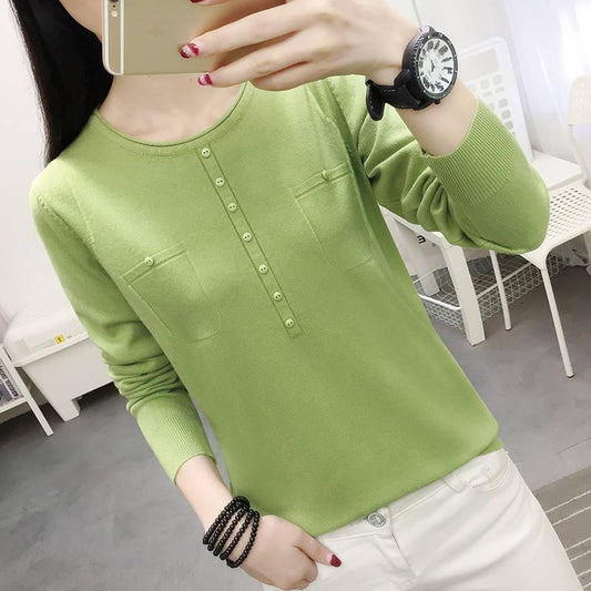 Women Button Low Collar Long Sleeve Pullover Sweater Slim Office Bottom Shirt Sweatshirts