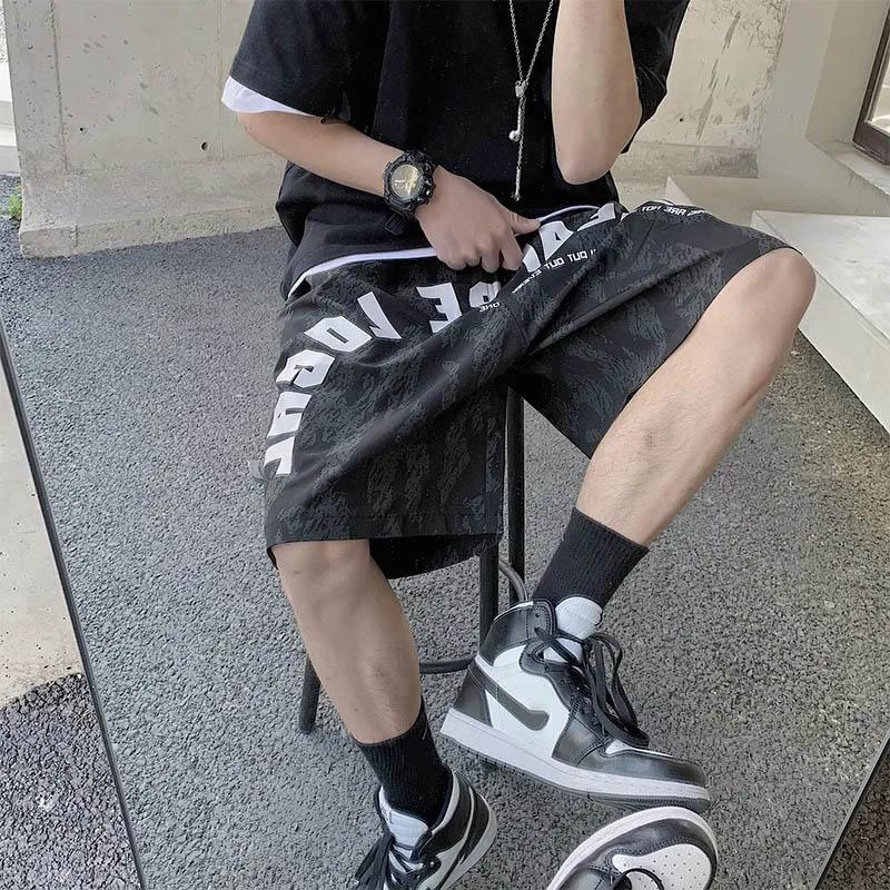 Men's Summer Hip-hop Style Letter Printing Beach Pants Casual Loose Straight Five-point Pants Breathable Sweat-absorbing Basketball Sports Pants