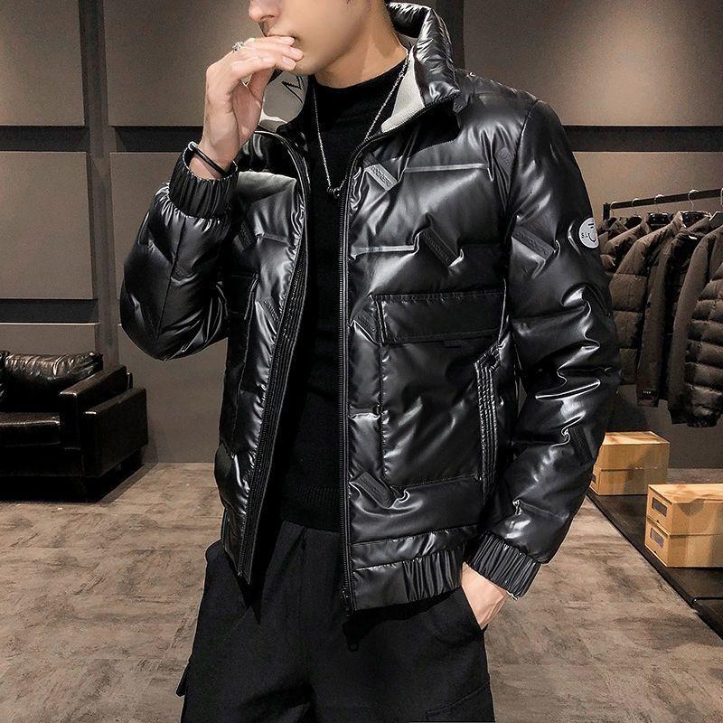 Short White Duck Down Men's Down Jacket Winter Fashion Trend Stand-up Collar Shiny Face Slim Black Jacket