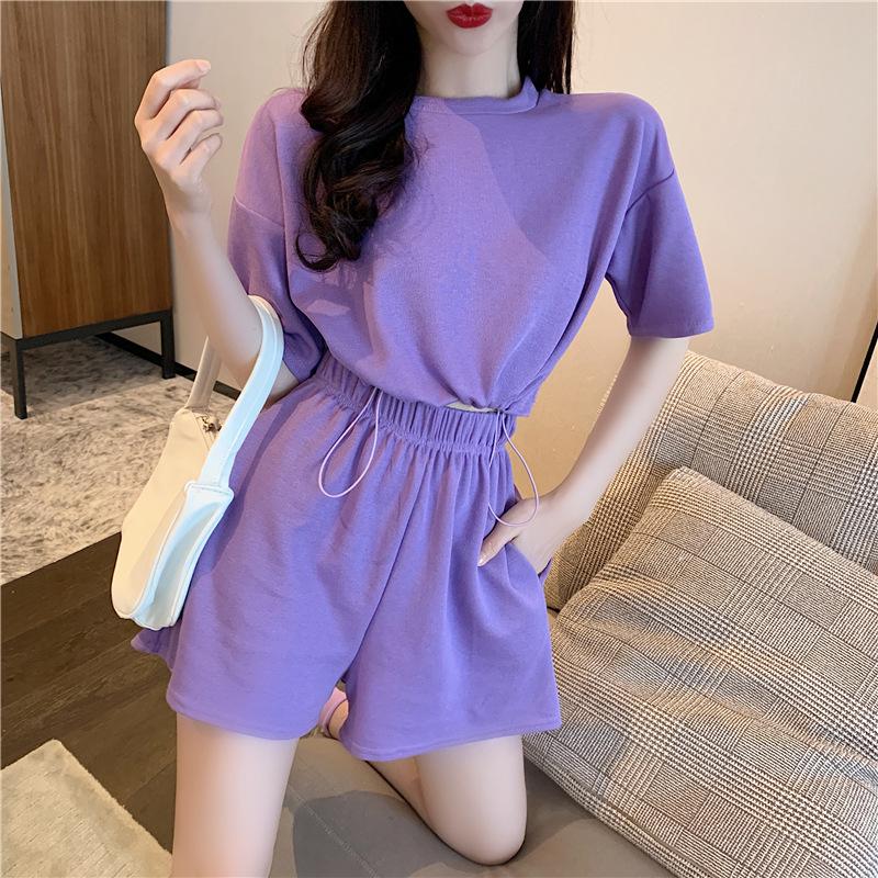 2PCS Summer Casual Sports Suit Women's Wide-leg Shorts + Short-sleeved T-shirt Two-piece Fitness Jogging Clothes Home Comfort Sets