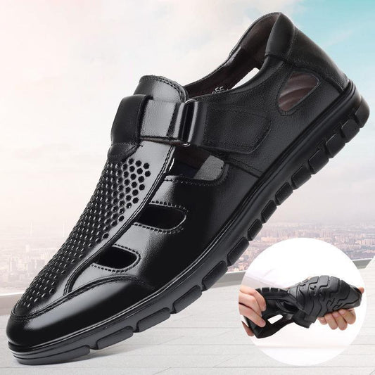 Men's Leather Sandals Summer Breathable Leather Shoes Middle-aged and Elderly Soft Bottom Hole Shoes Hollow Light and Breathable