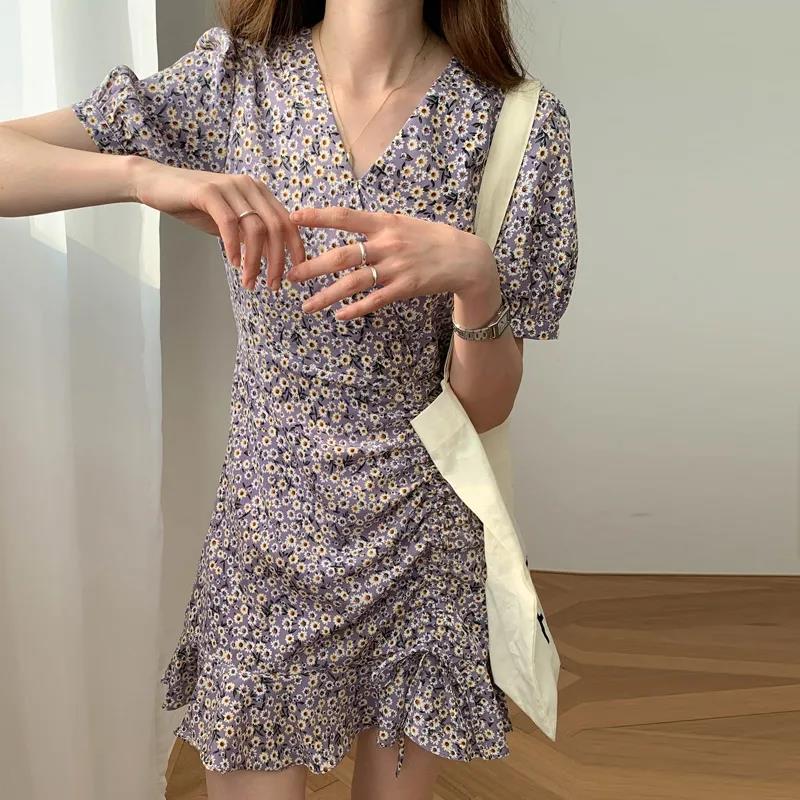 Female Vintage High Waist Super Fairy Holiday Dress Elegant Slim Floral Print Pleated Party Dress