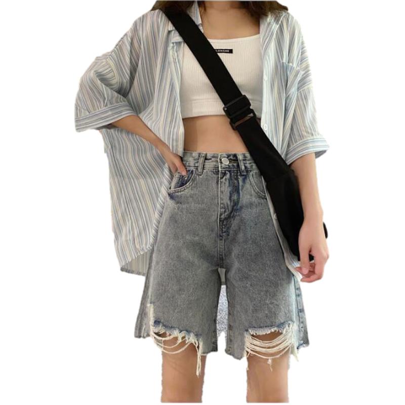 WTEMPO Women Jeans Ripped Denim Shorts Skirt Elastic Waist Loose Wide Leg A-line Office Club Casual Party Dates