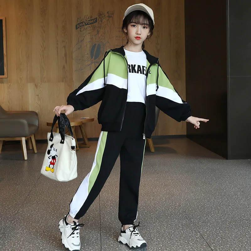 Spring and Autumn Sports Two-piece Suit Girls' Korean Version Casual Loose Sportswear Zipper Long-sleeved Coat Trousers Two-piece Suit