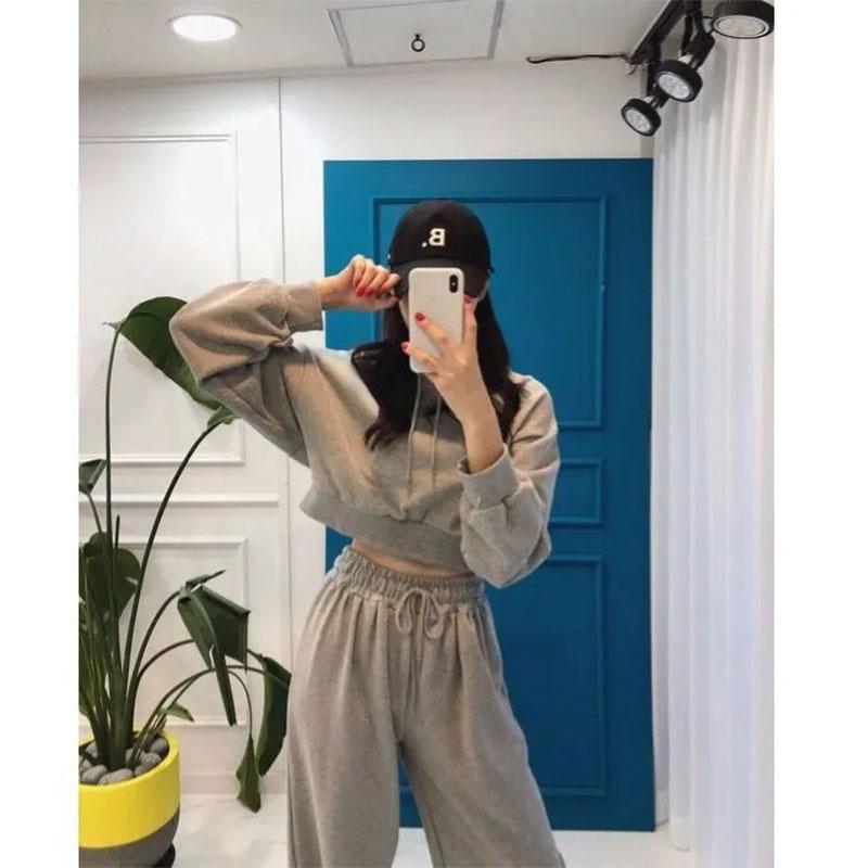 2PCS Women's Spring/Summer Casual Suit Long Sleeve Short Hooded Sweater + Loose Thin Elastic High Waist Wide Leg Pants Ladies Two-piece Sports Suit