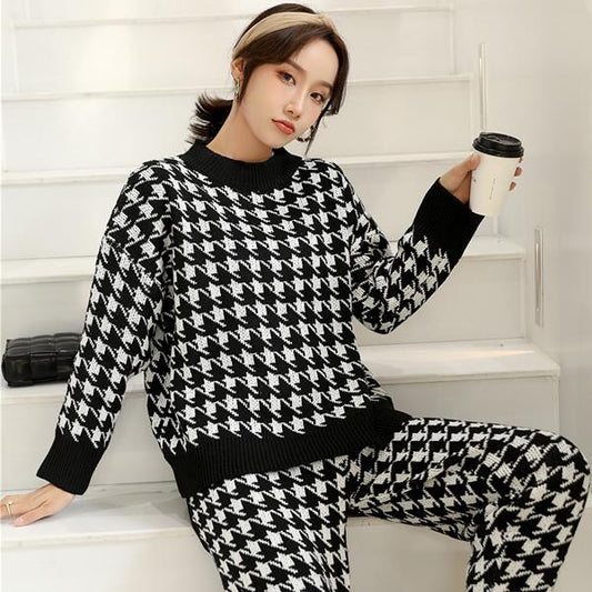 2pcs/set Women Knitted Tracksuit Houndstooth High Neck Sweater + Carrot Jogging Pants Pullover Sweater Set CHIC Knitted Outwear