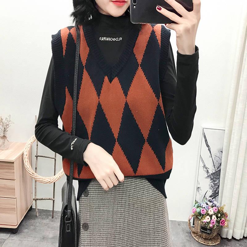 Autumn and Winter Retro Rhombus V-neck Knitted Vest Female Pullover Sleeveless Sweater