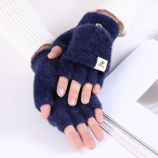 Plush Gloves Female Autumn and Winter Leaky Finger Warm Gloves Thick Clamshell Imitation Mink Nylon Half-finger Gloves