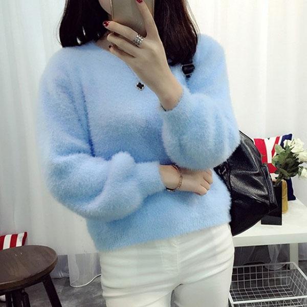 Autumn and Winter Round Neck Short Top Loose Pullover Solid Color Long-haired Sweater Thick Mohair Bottoming Shirt