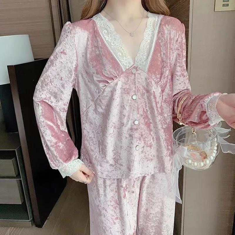 Women's Autumn Winter Pajamas Set Sexy Lace V-neck Velvet Homewear Loose Casual Comfortable White Pink Pyjamas Two-piece Set Oversize Loungewear