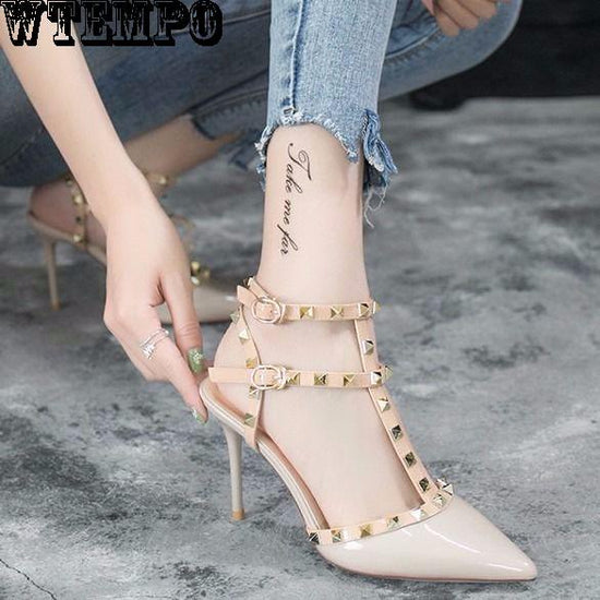 Women's Fine Heels Rivets Pointed Shoes Sexy Summer Shallow Mouth Fashion Lace Sandals