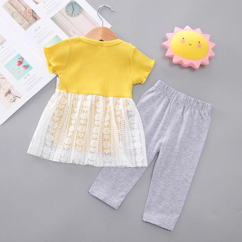 2PCS Children Clothing Set Spring Summer Girls Suits Yarn Short Sleeve Tops + Pants Clothing Set