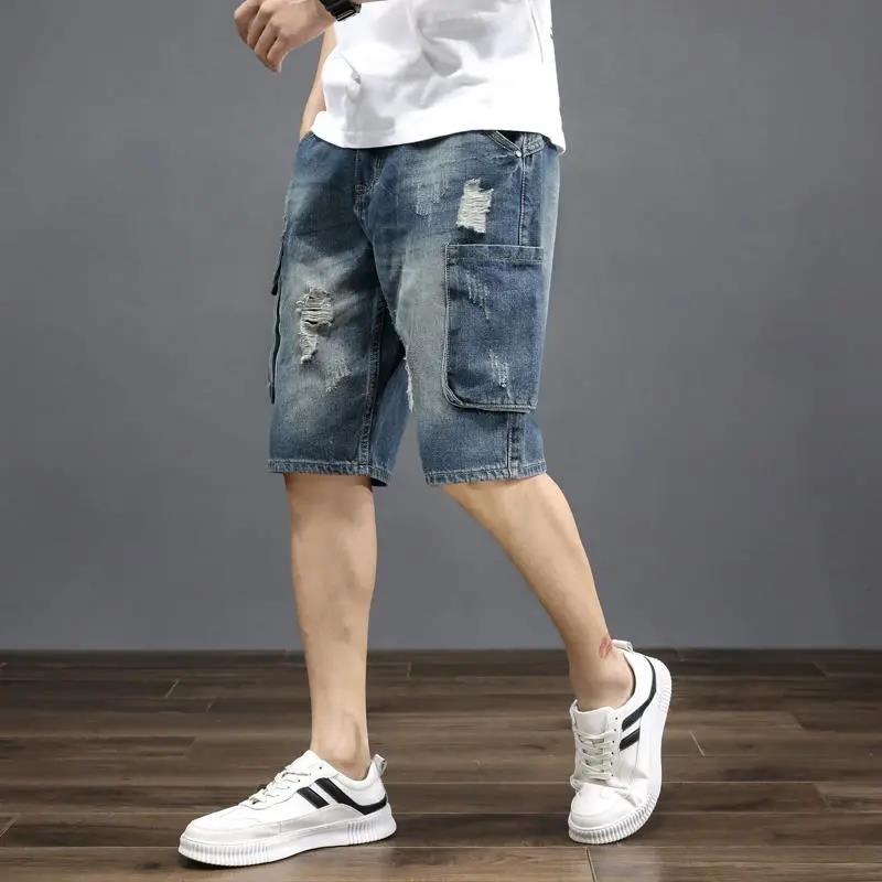 Summer Thin Five-point Jeans Men's Loose Multi-pocket Men's Casual Ripped Shorts