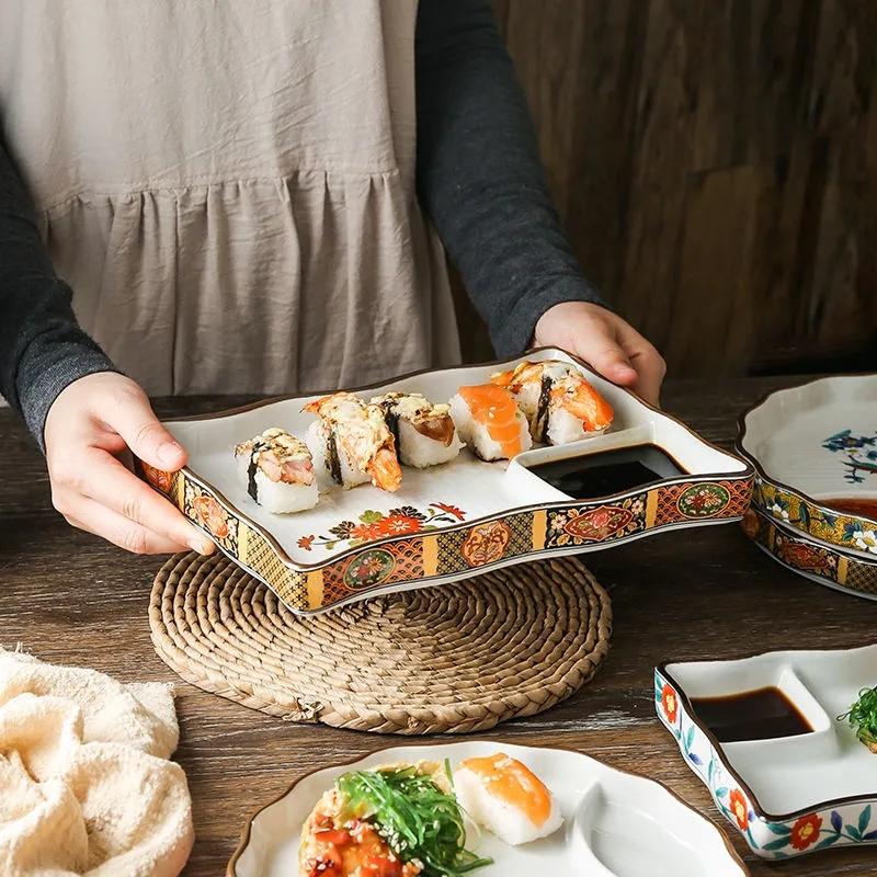 Japanese Dumpling Plate Sushi Plate Round Plate Square Plate Soy Sauce and Vinegar Compartment Household Ceramic Plate