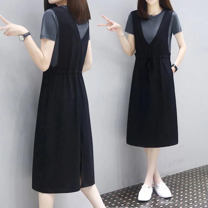 Cotton Top Dress Female Mid-length Suspender Skirt Suit Loose and Thin Two-piece Round Neck Short-sleeved T-shirt + Suspender Skirt