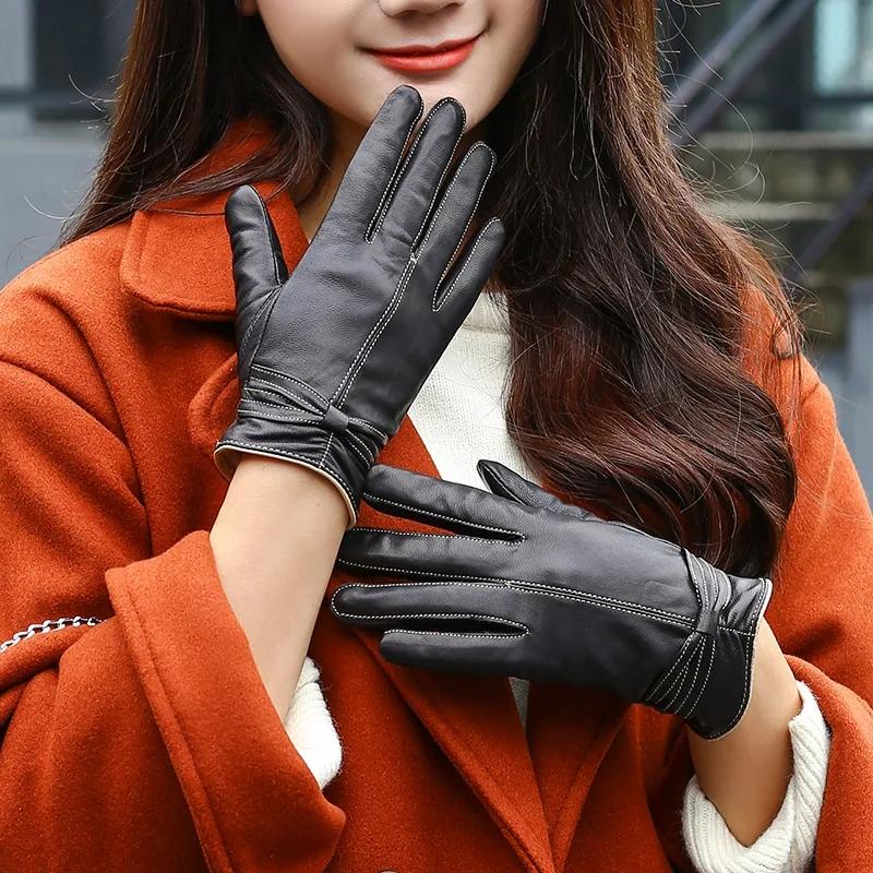 Women's Goatskin Leather Gloves Cycling Driving Plus Cashmere Warm Mittens Windproof Winter Classic Leather Gloves High Quality Anti-pilling Soft