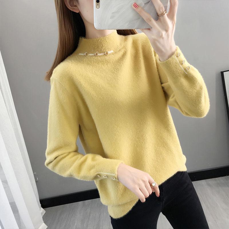 Autumn and Winter Half High Neck Thick Sweater Mohair All-match Loose Jacket Women Casual Knitted Women Bottoming Shirt