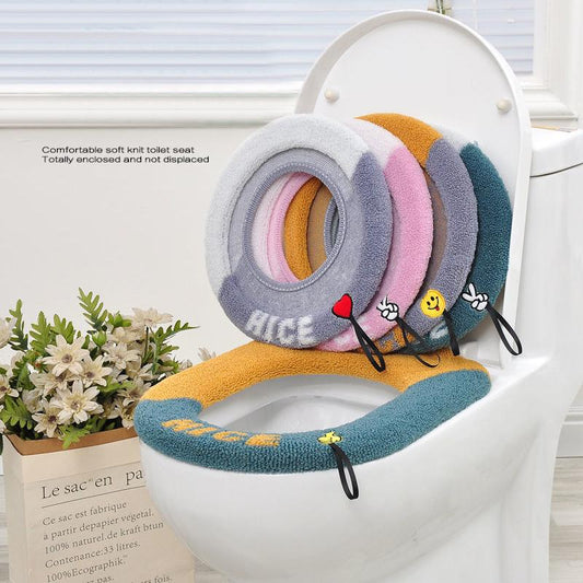 2 Pcs Toilet Seat Covers Mat Winter Thickened Fleece Warm Toilet Cushion Soft Washable Home Bathroom Lavatory Nordic Toilet Seat Pad with Handle