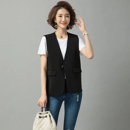 Women's Thin Suit Waistcoat Sleeveless Jacket Ladies Casual Single Button V-neck Short Suit Jacket Straight Vest Women's Suit Vest