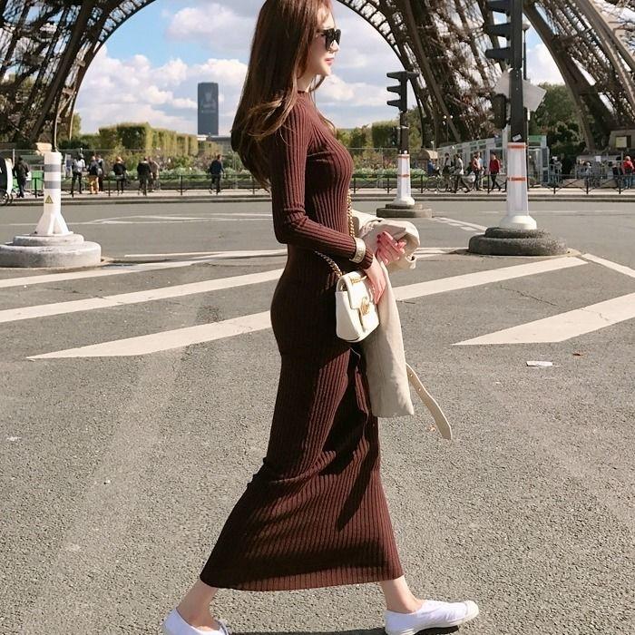 Autumn and Winter Fashion Super Long Women's Sweater Dress Over-the-knee Base Knitted Long V-neck Slim Dress