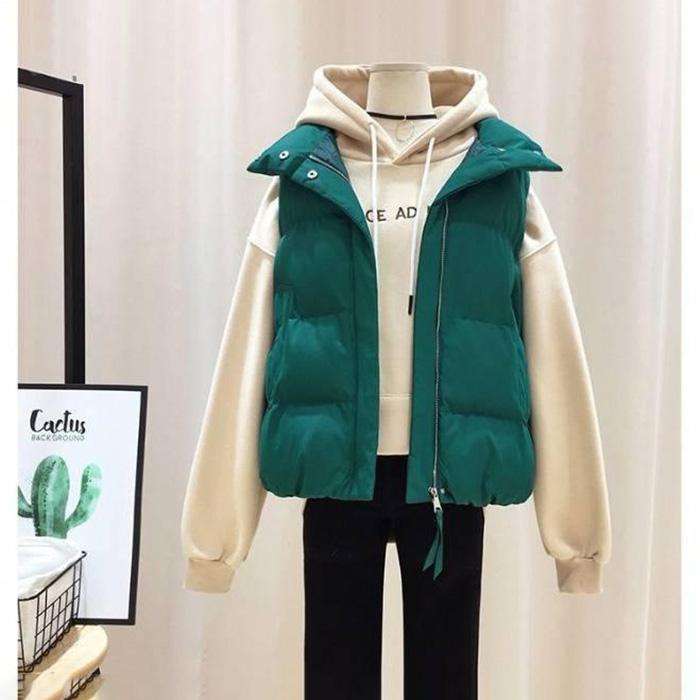 Large Size Stand-up Collar Down Padded Jacket Women's Short Autumn and Winter All-match Loose Waistcoat Waistcoat Warmth Padded Padded Jacket