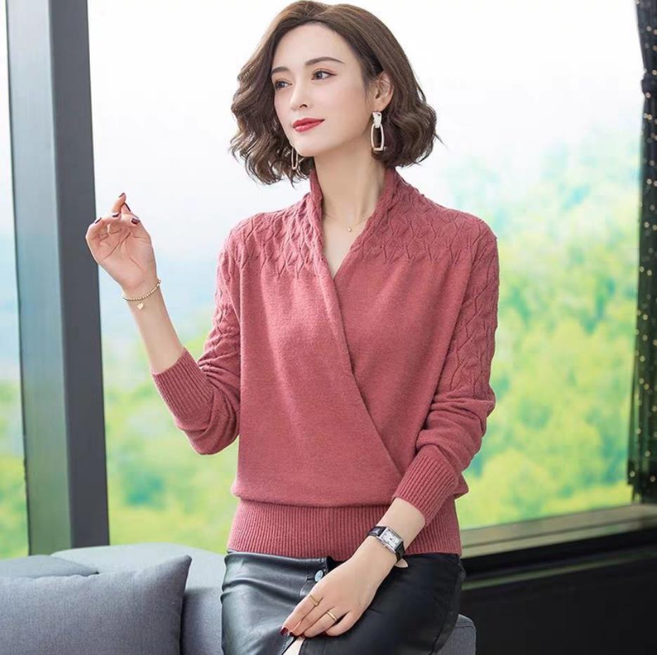 Autumn and Winter V-neck Crossover Ladies Sweater Temperament Gentle Knit Sweater Wear All-match Casual Loose Shirt