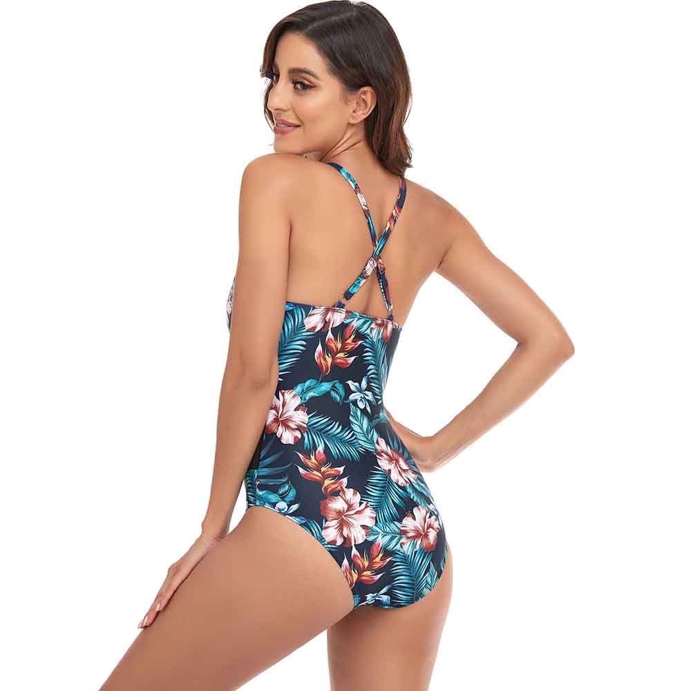 One-piece Swimsuit Women's Mesh Stitching Halterneck Print Swimsuit