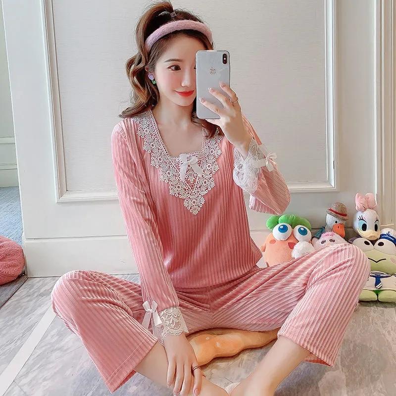 Winter Large Size Gold Velvet Pajamas Set Women's Lace Long-sleeved Sweet Home Wear Two-piece Loose Striped Square-neck Sleeping Suit