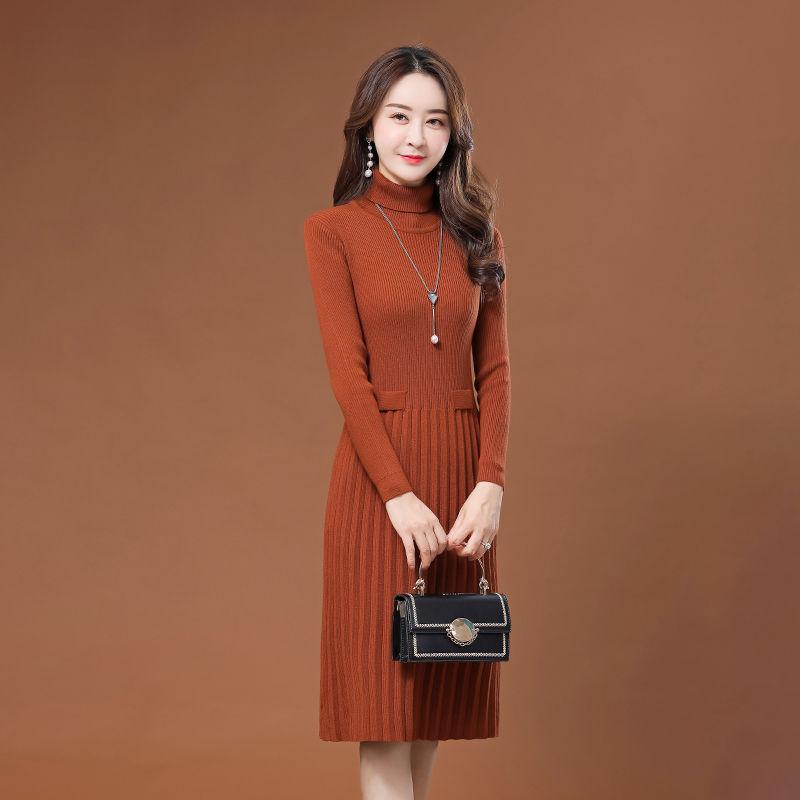 Autumn and Winter Pullover Turtleneck Sweater Skirt Mid-length Solid Color Casual Bottom Skirt Waist Knitted Women Sweater Dress