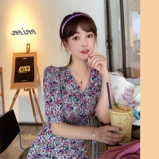 Women's Summer Short French Elegant Retro Waist Slim V-neck Little Fresh Floral Dress