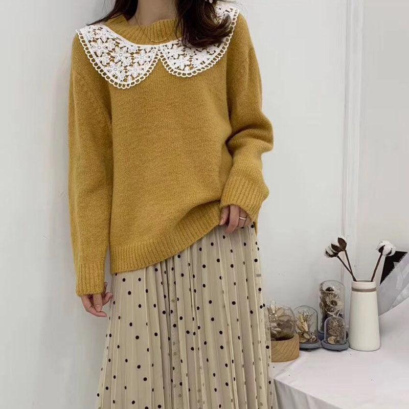 Women's Autumn and Winter Sweet Baby Collar Lace Sweater Large Size Pullover Knitted Bottomed Shirt Solid Color Lace Casual Top