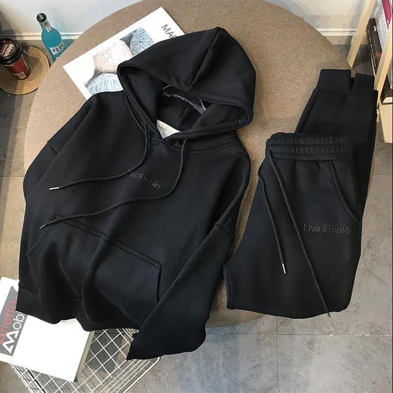 Autumn and Winter Thickening Plus Velvet Pullover Hooded Sweater Women's Suit Sports and Leisure Two-piece Trousers